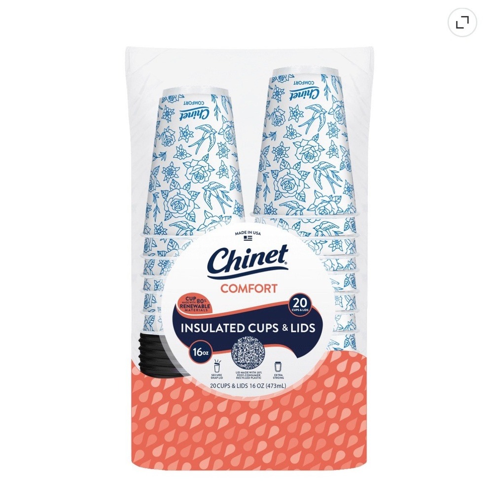 Chinet Comfort Disposable Paper Hot Cups w/ Lids 16 oz 20 ct Blue Floral Flowers